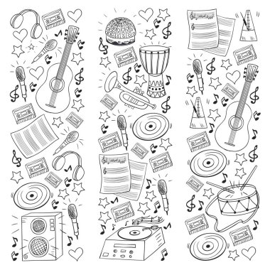 Müzikal enstrümanlı vektör deseni. Rock, caz, disko, karaoke. Modern ve klasik müzik. Doodle biçim simgeleri.