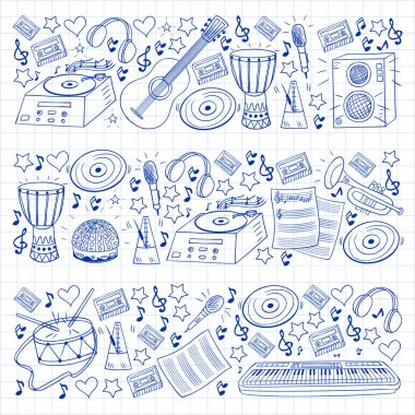 Müzikal enstrümanlı vektör deseni. Rock, caz, disko, karaoke. Modern ve klasik müzik. Doodle biçim simgeleri.