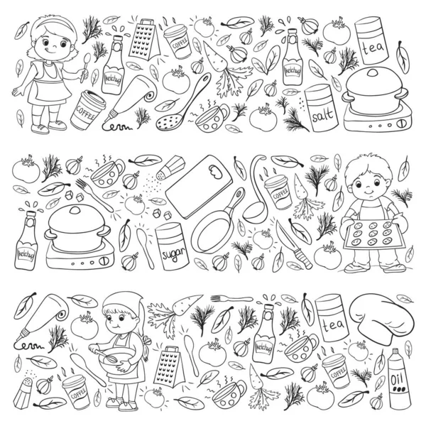 Vector pattern with cooking class for little children. Kids icons. Healthy eating. — Stock Vector