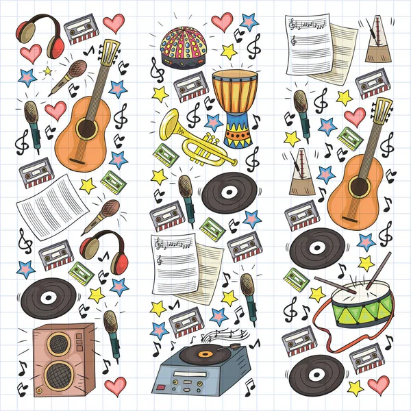 Schema vettoriale con strumenti musicali. Rock, jazz, disco, karaoke. Musica moderna e classica. Icone in stile Doodle . — Vettoriale Stock