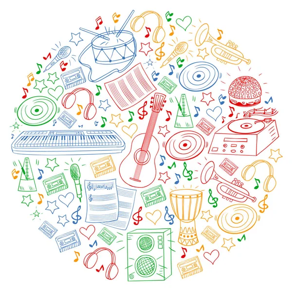 Διάνυσμα μοτίβο με μουσικά όργανα. Ροκ, τζαζ, ντίσκο, καραόκε. Σύγχρονη και κλασική μουσική. Εικονίδια στυλ Doodle. — Διανυσματικό Αρχείο