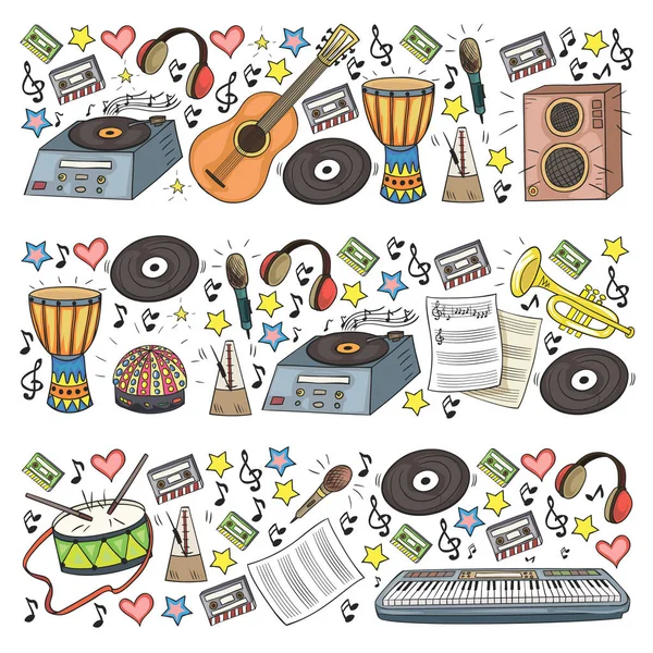 Vectorpatroon met muziekinstrumenten. Rock, jazz, disco, karaoke. Moderne en klassieke muziek. Doodle stijl iconen. — Stockvector