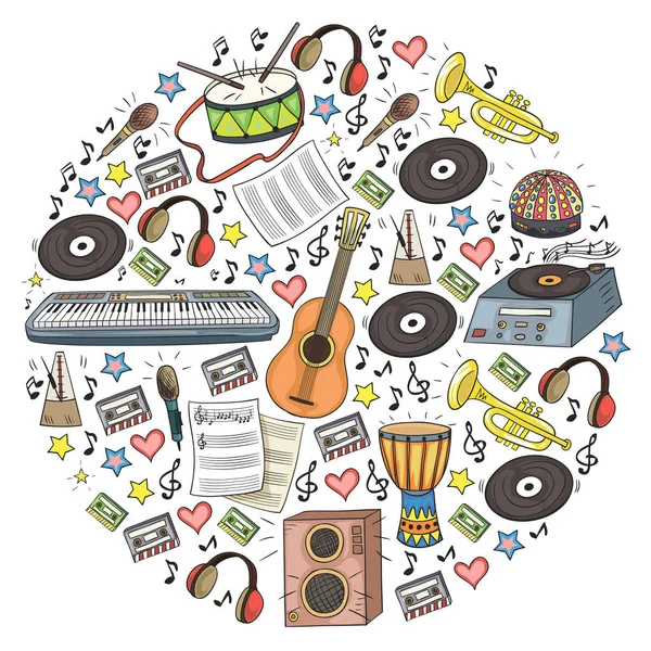 Vectorpatroon met muziekinstrumenten. Rock, jazz, disco, karaoke. Moderne en klassieke muziek. Doodle stijl iconen. — Stockvector