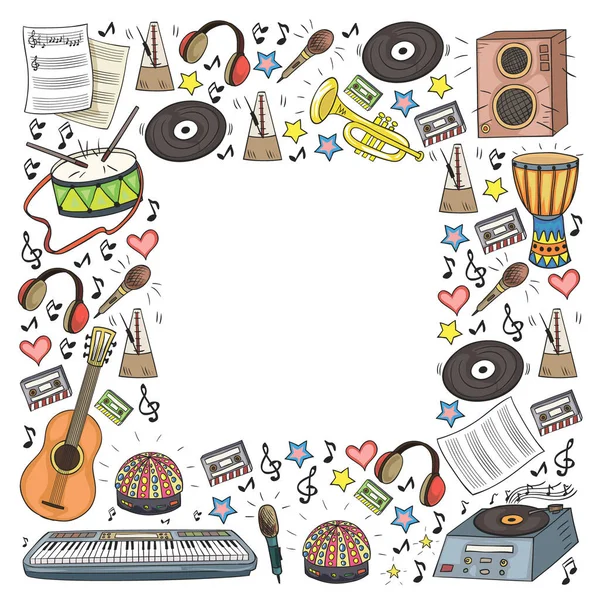 Vectorpatroon met muziekinstrumenten. Rock, jazz, disco, karaoke. Moderne en klassieke muziek. Doodle stijl iconen. — Stockvector