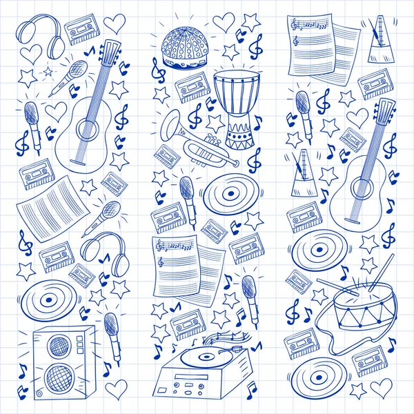 Vector pattern with musical intstruments. Rock, jazz, disco, karaoke. Modern and classic music. Doodle style icons. — Stock Vector