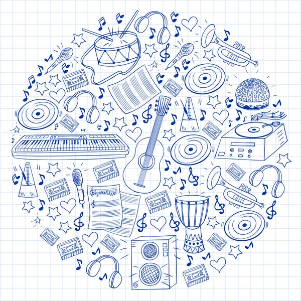 Vectorpatroon met muziekinstrumenten. Rock, jazz, disco, karaoke. Moderne en klassieke muziek. Doodle stijl iconen. — Stockvector