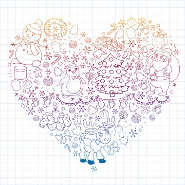 Mutlu Noeller ve mutlu yıllar. Noel Baba, geyik, kardan adam, penguen. Vektör deseni.