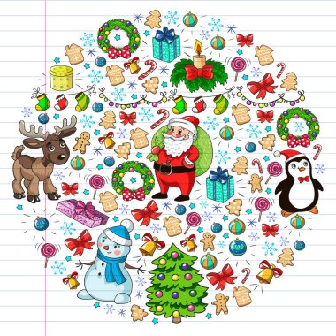 Mutlu Noeller ve mutlu yıllar. Noel Baba, geyik, kardan adam, penguen. Vektör deseni.