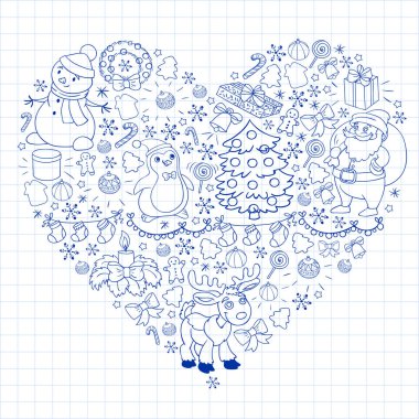 Mutlu Noeller ve mutlu yıllar. Noel Baba, geyik, kardan adam, penguen. Vektör deseni.