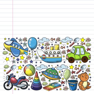 Küçük anaokulu çocukları için oyuncaklarla vektör deseni. Dinozor, oyuncak ayı, roket, gemi, uçak, balon, araba, motosiklet, kamyon..