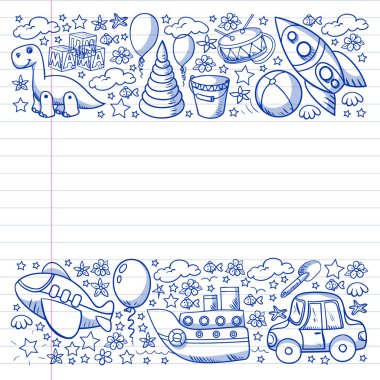 Küçük anaokulu çocukları için oyuncaklarla vektör deseni. Dinozor, oyuncak ayı, roket, gemi, uçak, balon, araba, motosiklet, kamyon..