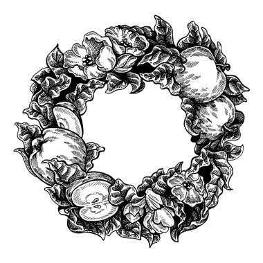 Çiçekler ve elmalar. Vektör resmi. Düğün davetiyesi şablonu, ekoloji konsepti, vejetaryen yemeği, kafe, restoran, elma suyu paketi için illüstrasyon