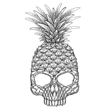 Ananas kafatasının vektör çizimi. Cadılar Bayramı resmi. T, yastık, afişler, dövmeler, posterler için yaratıcı ve eğlenceli bir baskı..