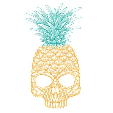 Ananas kafatasının vektör çizimi. Cadılar Bayramı resmi. T, yastık, afişler, dövmeler, posterler için yaratıcı ve eğlenceli bir baskı..