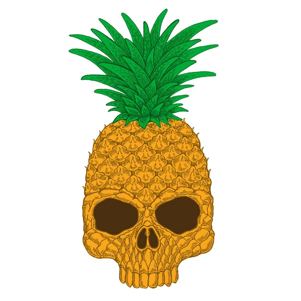 Vector illustration of pineapple skull. Halloween picture. Creative cool funny print for tee, pillow, banners, tattoo, posters. — Stock Vector