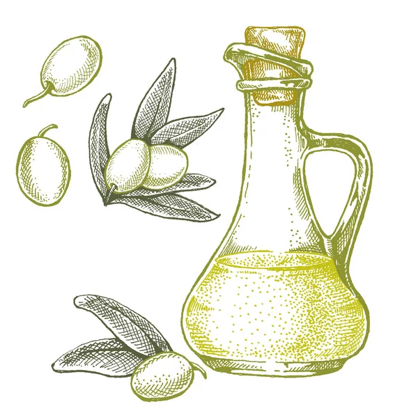 Bouteille d'olives et d'huile d'olive. Illustration vintage de style rétro pour paquet. Cosmétique à l'huile d'olive et bio ferme alimentation saine — Image vectorielle