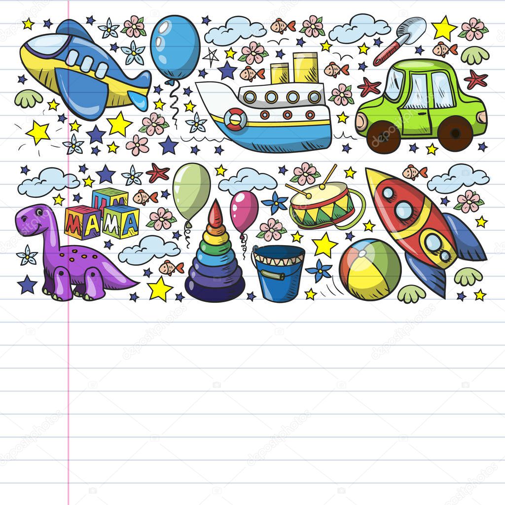 Vector pattern with toys for little kindergarten children. Dinosaur, teddy bear, rocket, ship, airplane, balloon, car, motorcycle, truck.