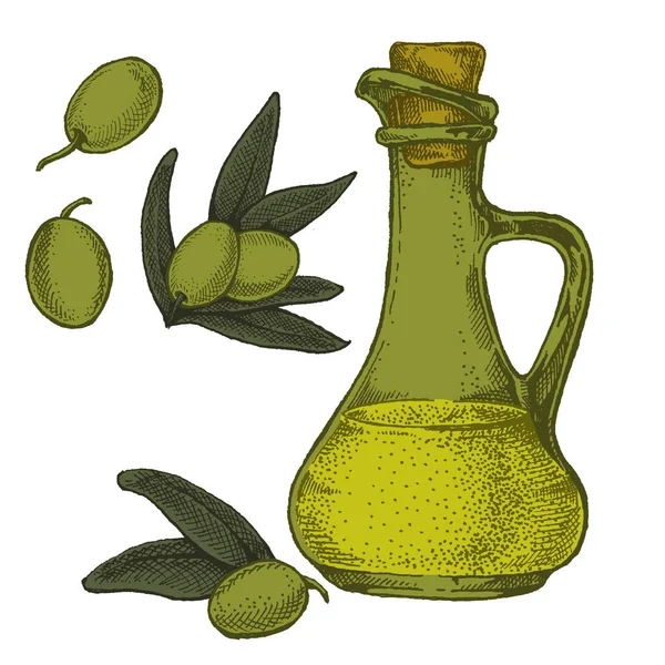 Botella con aceitunas y aceite de oliva. Ilustración de estilo retro vintage para el paquete. Cosmético con aceite de oliva y alimentos saludables granja ecológica — Vector de stock