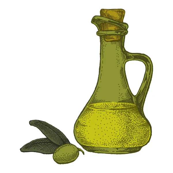 Flasche mit Oliven und Olivenöl. Illustration im Retro-Stil für die Verpackung. Kosmetik mit Olivenöl und Bio-Bauernhof gesunde Lebensmittel — Stockvektor