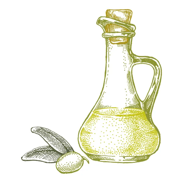 Botol dengan zaitun dan minyak zaitun. Ilustrasi gaya retro kuno untuk paket. Kosmetik dengan minyak zaitun dan pertanian organik makanan sehat - Stok Vektor
