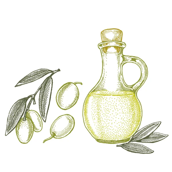 Garrafa com azeitonas e azeite. Ilustração estilo retro vintage para o pacote. Cosmético com azeite e fazenda orgânica alimentos saudáveis — Vetor de Stock