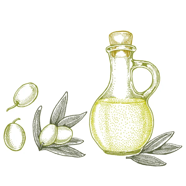 Botella con aceitunas y aceite de oliva. Ilustración de estilo retro vintage para el paquete. Cosmético con aceite de oliva y alimentos saludables granja ecológica — Vector de stock