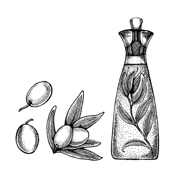 Flasche mit Oliven und Olivenöl. Illustration im Retro-Stil für die Verpackung. Kosmetik mit Olivenöl und Bio-Bauernhof gesunde Lebensmittel — Stockvektor