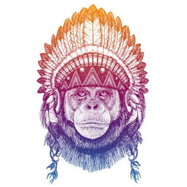 Şempanze, maymun. Geleneksel Hint başlığıyla tüylü vektör portresi. Küçük çocuk kıyafetleri için kabile tarzı illüstrasyon. Çocuklar için tişört, posterler..
