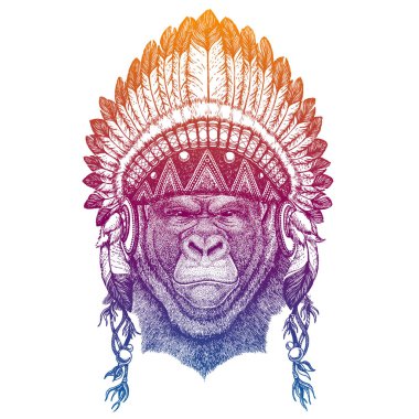 Goril, maymun, maymun. Hayvan herif. Geleneksel Hint başlığıyla tüylü vektör portresi. Küçük çocuk kıyafetleri için kabile tarzı illüstrasyon. Çocuklar için tişört, posterler..
