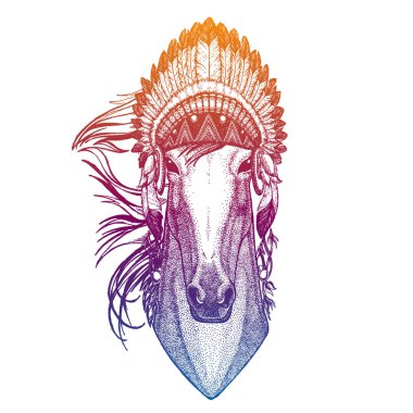 At, at, at. Hayvan herif. Geleneksel Hint başlığıyla tüylü vektör portresi. Küçük çocuk kıyafetleri için kabile tarzı illüstrasyon. Çocuklar için tişört, posterler..