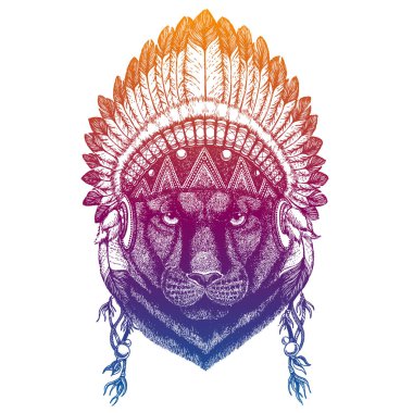 Kara panter, panter, puma, puma. Hayvan herif. Geleneksel Hint başlığıyla tüylü vektör portresi. Küçük çocuk kıyafetleri için kabile tarzı illüstrasyon. Çocuklar için tişört, posterler..