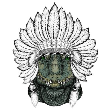 Timsah. Afro saldırgan bir hayvanın portresi. Tüylü Kızılderili başlığı. Boho tarzı.