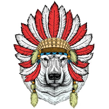 Kutup ayısı portresi. Vahşi hayvanların başı. Tüylü Kızılderili başlığı. Boho tarzı.
