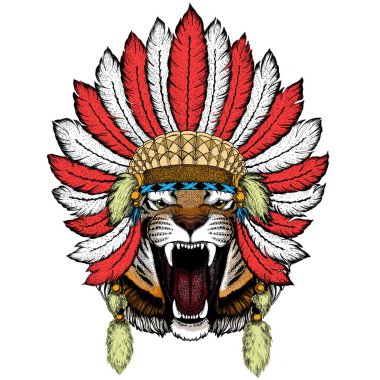 Kaplan portresi. Vahşi kedi kafası. Tüylü Kızılderili başlığı. Boho tarzı.