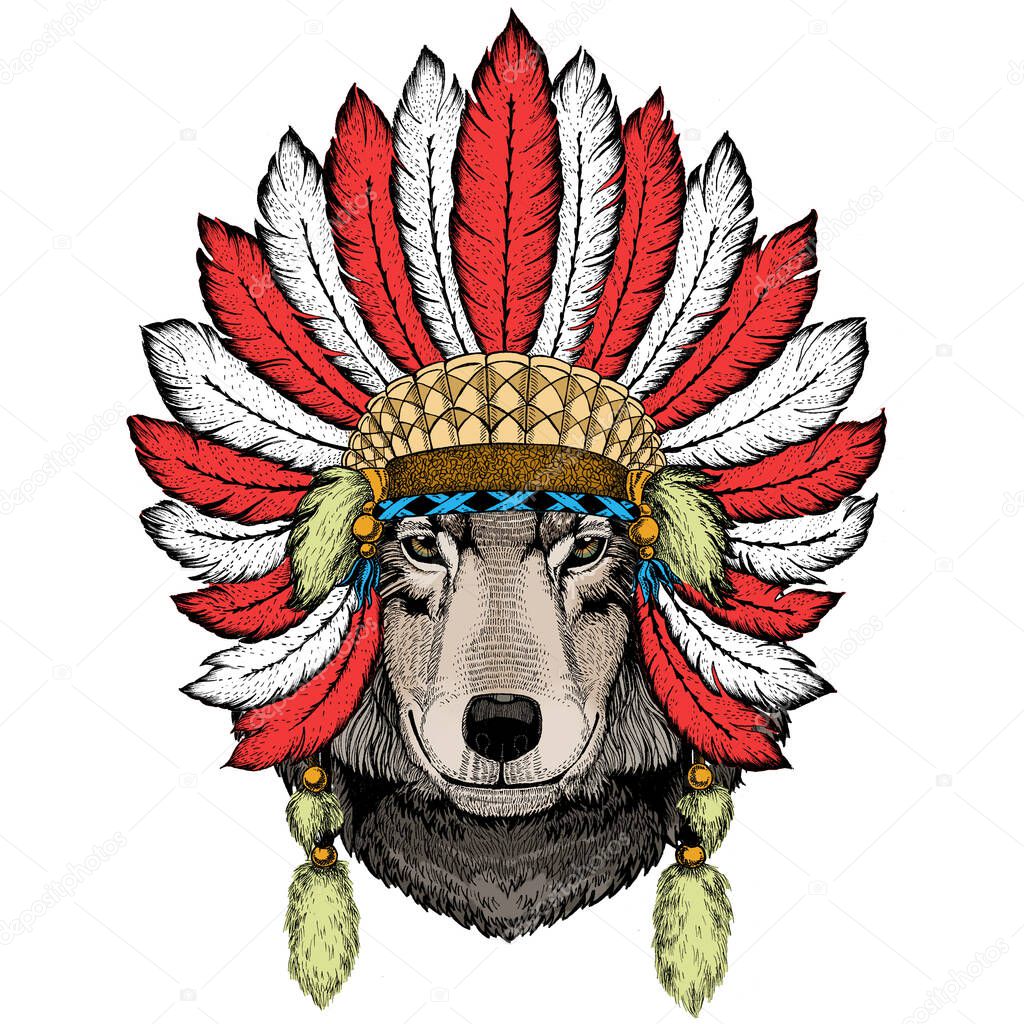 Indian headdress with feathers. Boho style.