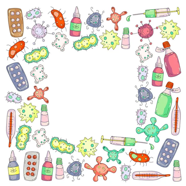 Virus. Covid-19. Corona virus. Quarantine. Pattern with bacterias and pathogens. — Stock Vector