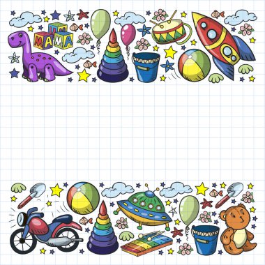 Küçük anaokulu çocukları için oyuncaklarla vektör deseni. Dinozor, oyuncak ayı, roket, gemi, uçak, balon, araba, motosiklet, kamyon..