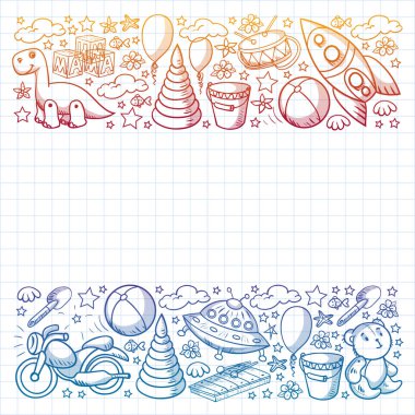 Küçük anaokulu çocukları için oyuncaklarla vektör deseni. Dinozor, oyuncak ayı, roket, gemi, uçak, balon, araba, motosiklet, kamyon..