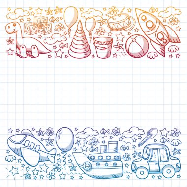 Küçük anaokulu çocukları için oyuncaklarla vektör deseni. Dinozor, oyuncak ayı, roket, gemi, uçak, balon, araba, motosiklet, kamyon..