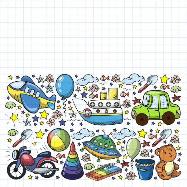 Patrón vectorial con juguetes para niños de jardín de infantes. Dinosaurio, oso de peluche, cohete, nave, avión, globo, coche, motocicleta, camión . — Vector de stock