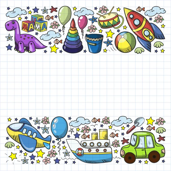 Patrón vectorial con juguetes para niños de jardín de infantes. Dinosaurio, oso de peluche, cohete, nave, avión, globo, coche, motocicleta, camión . — Vector de stock