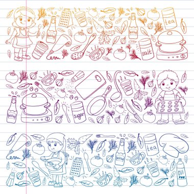 Küçük çocuklar için yemek pişirme kursunun vektör kalıbı. Çocuk simgeleri. Sağlıklı beslenme.