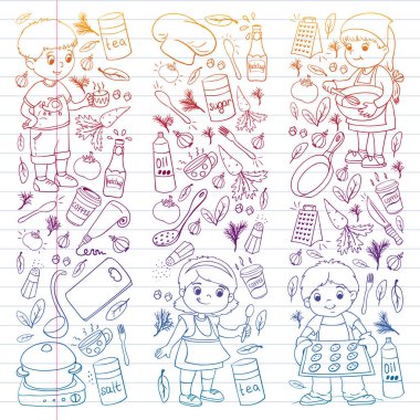 Küçük çocuklar için yemek pişirme kursunun vektör kalıbı. Çocuk simgeleri. Sağlıklı beslenme.