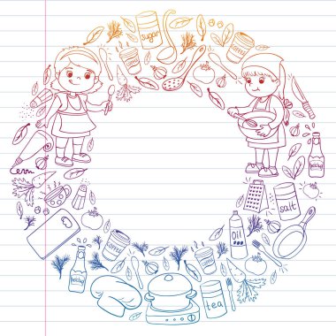 Küçük çocuklar için yemek pişirme kursunun vektör kalıbı. Çocuk simgeleri. Sağlıklı beslenme.