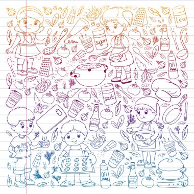 Küçük çocuklar için yemek pişirme kursunun vektör kalıbı. Çocuk simgeleri. Sağlıklı beslenme.