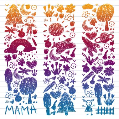 Komik çocuk çizim ile Anaokulu desen. Vektör illüstrasyon. Çocuklar oynar ve büyür.