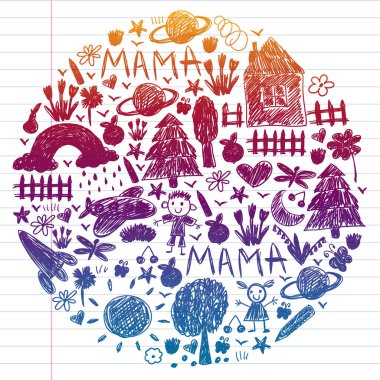 Komik çocuk çizim ile Anaokulu desen. Vektör illüstrasyon. Çocuklar oynar ve büyür.