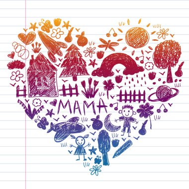 Komik çocuk çizim ile Anaokulu desen. Vektör illüstrasyon. Çocuklar oynar ve büyür.