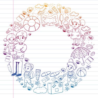 Vektör deseni. Yaz tatilleri. Küçük çocuklar. Çocuklu mutlu bir aile. Seyahat ve macera. Kumsal, okyanus, ada, güneş