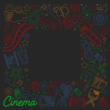 Sinema simgeleri ile vektör deseni. Sinema, Tv, patlamış mısır, video klipler, müzikal